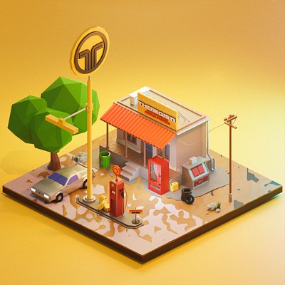 TheRegisti - Filling station blender blender 3d blender3d delorean illustration isometric illustration lowpoly theregisti