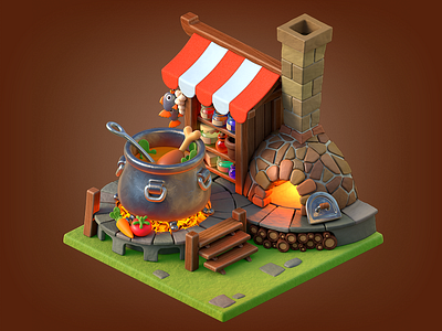 Kitchen 3d c4d canopy chicken chimney cooking fire fish furnace illustration kitchen logs magic merger mobile game potion vegetables wood