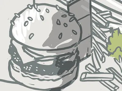 Burger crop building digital illustration isometric line mural