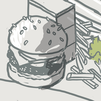 Burger crop building digital illustration isometric line mural