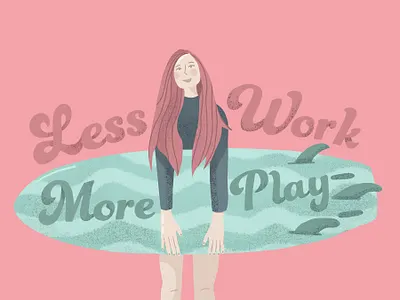 Less Work More Play Surfer Chick Print artwork girl girl character hand handlettering illustraion illustration lettering pink play procreate surfer surfers surfing surfs up work