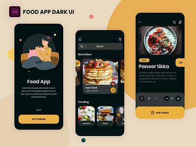 Food App UI Design - Dark Theme adobe xd app branding dark dashboard design food illustration ui vector