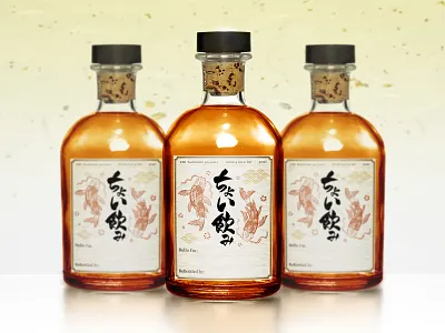 'Drink a little bit(ちょい飲み)' Whiskey Label alcohol packaging asian bottle label hand drawn japanese calligraphy japanese culture koi fish label design stayhome takeaway vintage whiskey whiskey and branding whiskey label