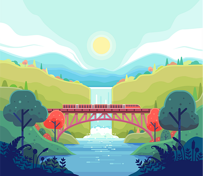 trains crossing a river over the railroad bridge adventure beautiful bridge business communication destination europe excursion fast flat design forest gorge header high speed train illustration industrial industry mountain railway speed