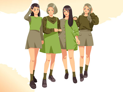 Four teenage girls beautiful cartoon character cute design friend friendship girl hipster illustration kawaii modern sisterhood style teens vector woman young