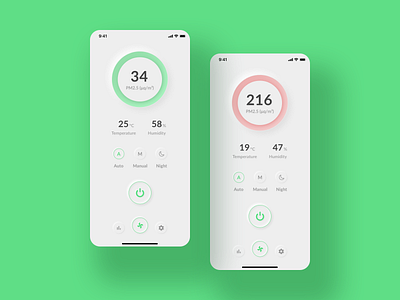 Xiaomi Air Purifier | App air air purifier app auto disabled enabled fan green ios manual mi minimal mobile neumorphic neumorphism shadow skeumorphism skeuomorph temperature xiaomi