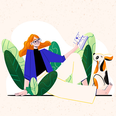 Park reading book digital illustration dog illustraion leaves park plants reading