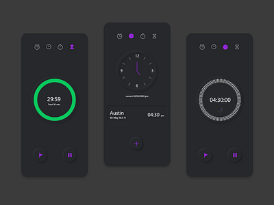 clock app - dark mode 2020 design 2020 trends clock app flat minimal mobile app design neumorphic neumorphism ui design ui trends