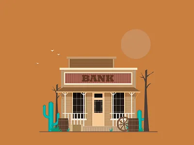 Western town bank bank cowboy flat illustration money vector west western wild