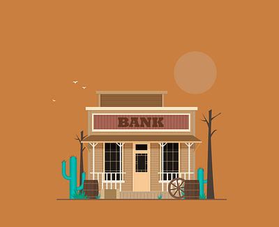 Western town bank bank cowboy flat illustration money vector west western wild