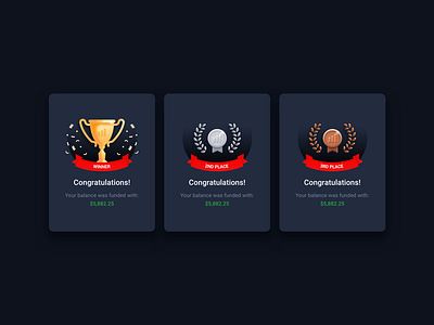 Tournament Popups achievement app bronze cards clean congrats congratulations design gold illustration interface places silver tournament ui vector winner