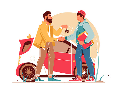 Man giving keys to young man making car deal car character deal flat illustration keys kit8 man vector