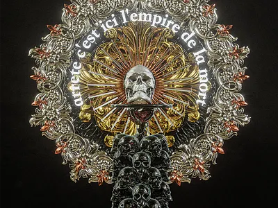 "Arrete, c'est ici l'empire de la mort" 3d animation 3d art 3d artist blender cinema4d dark dark art gold illustration macabre motion design skull and crossbones skull art skulls