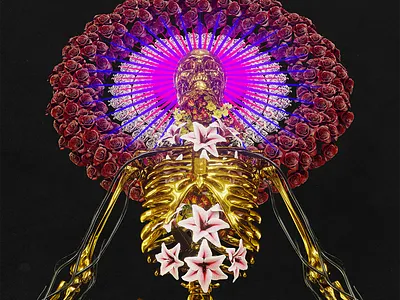 REQUIESCAT IN PACE 3d 3d animation 3d art 3d artist blender cinema4d dark dark art flowers gold illustration macabre skeleton skull skull art skulls