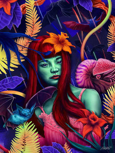 Girl with the Bats - Citizens Of The Jungle animals artfortheplanet citizens colorful contemporary art contemporaryart digitalart ecology galleryart green illustration jungle ladislas plants pop portrait art realistic surrealism