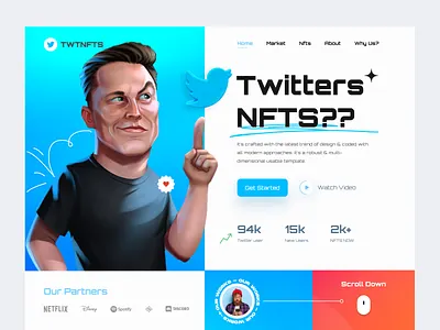 TwtNft - NFT Marketplace Website bitcoin crypto digital art elegant elon musk landing page nft nft marketplace nft web nft website nftui twitter web design website website design