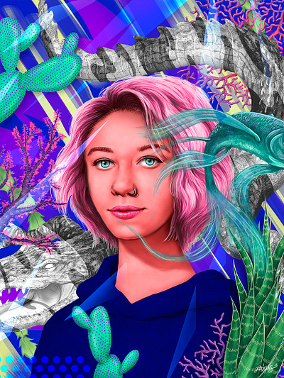 Portrait With The Crocodile - Citizens Of The Jungle animals art citizens colorful contemporaryart digitalart ecology illustration jungle plants pop popart portrait portrait art realistic surrealism sustainable