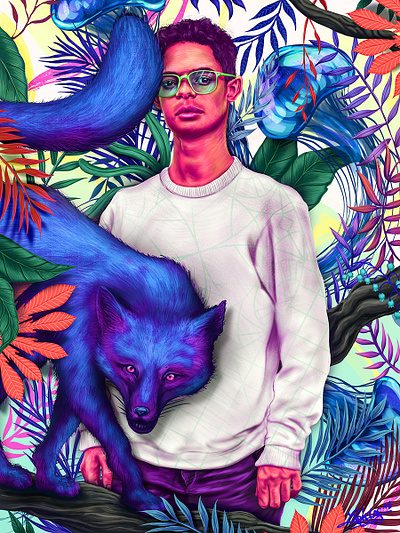 Portrait With The Fox - Citizens Of The Jungle animals art artwork citizen citizens colorful contemporaryart digital digitalart ecology illustration jungle ladislas plants pop portrait art realistic surrealism