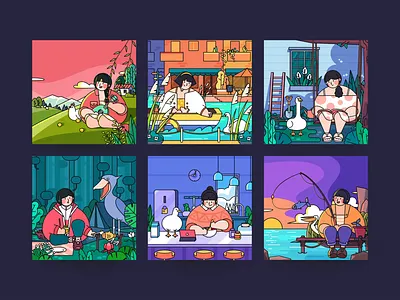 Bird Series-Stories With Birds 1 autumn bird breakfast chicken duck fish girl goose hen illustration pelican picnic season shoebill spring summer swan ukulele whale headed stork winter