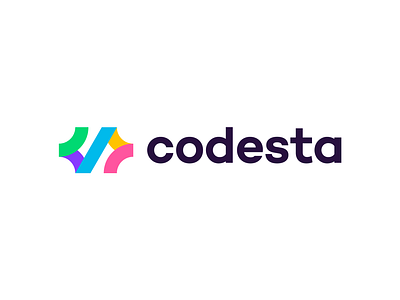 Code sta logo concept pt.3 (sold) app arrow blockchain branding code coder coding colourful connection developer development forward icon logo mark saas slash team technology togetherness