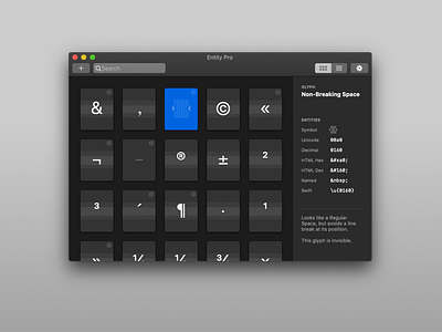 Entity Pro app decimal design glyphfinder glyphs hex indiedev interface macos swift typography ui unicode utility ux