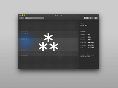 Entity Pro · Glyph Metrics ascender baseline descender glyphfinder glyphs hex icons indiedev interface macos metrics swift symbols typography ui unicode utility xheight