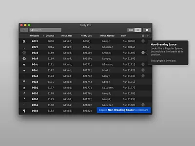Entity Pro · List View decimal developer entities glyphfinder glyphs hex html html css indiedev interface macos swift typography ui unicode ux webdesign webdevelopment