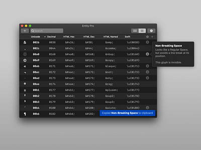 Entity Pro · List View decimal developer entities glyphfinder glyphs hex html html css indiedev interface macos swift typography ui unicode ux webdesign webdevelopment