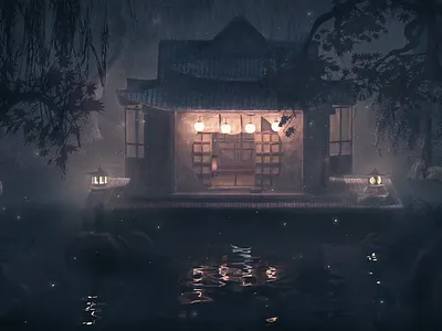 Japanese Ryokan at Night -3D 3d 3d animation architecture atmospheric design fireflies japan model pastel color romantic set visualization