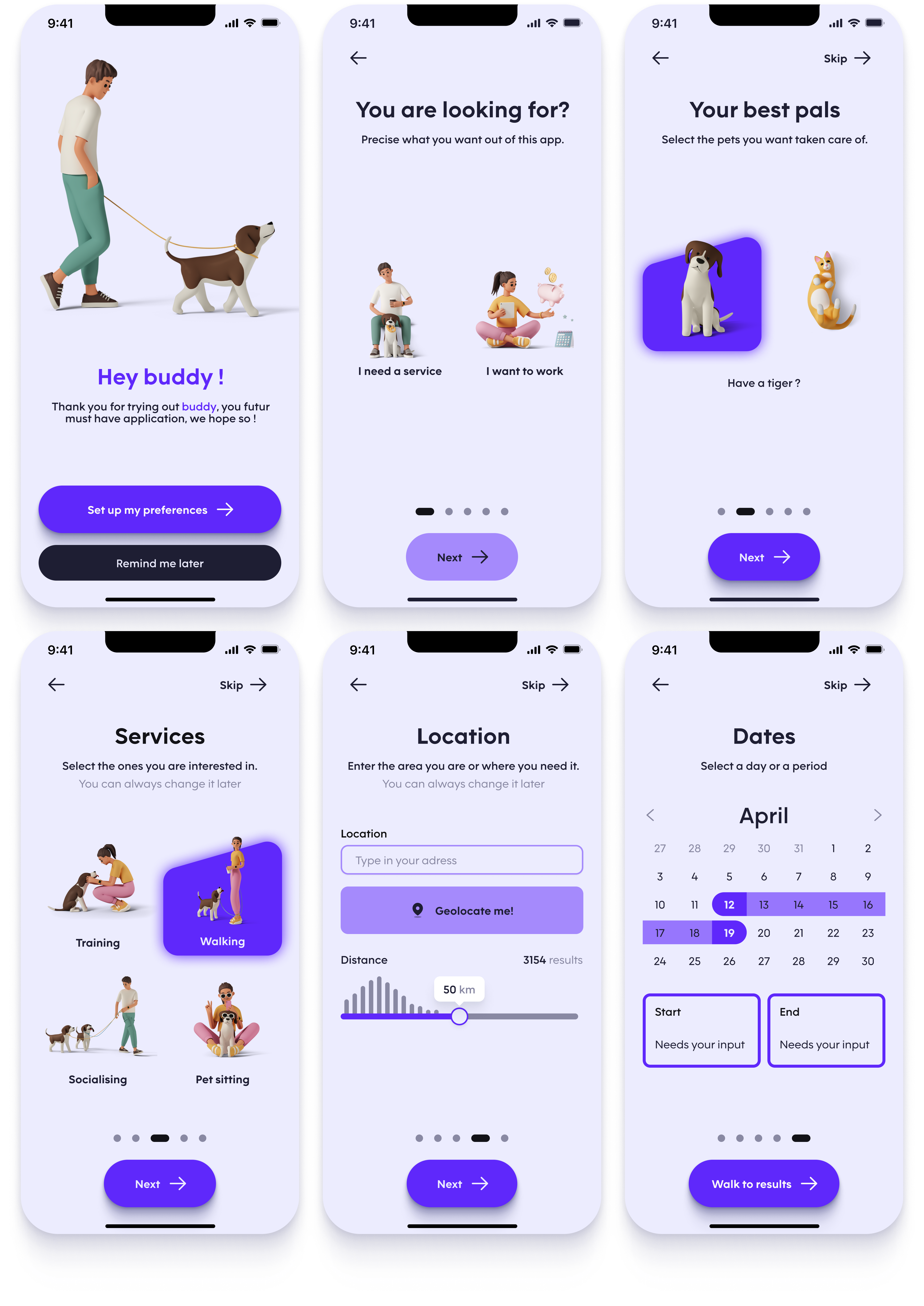 Dog walking application onboarding UI