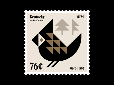 Kentucky stamp updated bird cardinal feathers forest icon illustration kentucky logo nature philately pine postage stamp south stamp symbol trees
