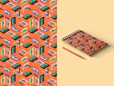 retro pattern cassette design illustration isometric isometry music notebook pattern patterns pencil retro retrowave