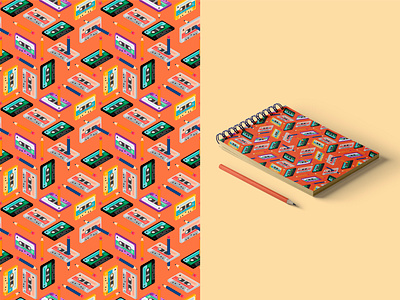 retro pattern cassette design illustration isometric isometry music notebook pattern patterns pencil retro retrowave