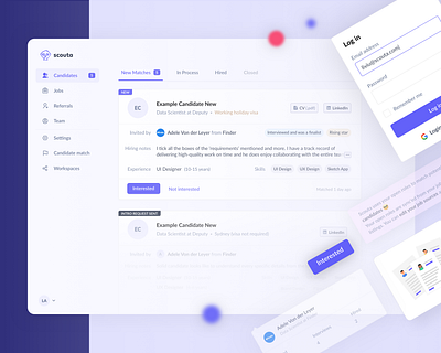 Scouta Design - Recruitment Hiring Teams & Top Talent Candidates candidate candidate job candidates card cards clean ui design system hiring jobs jobs app light ui recruiter recruiter app recruiting recruitment styleguide talent teams