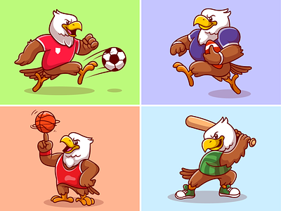 Eagle mascot🦅⚽🏀🏈🏏 activity animal ball bird character custome cute eagle flying icon illustration logo mascot soccer softball sport stick style suit wild