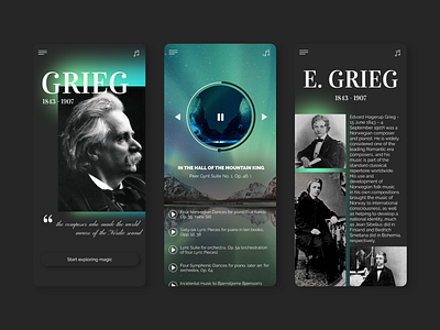 Edvard Grieg music app classical music dark app design figma interface mobile app music app player ui ui