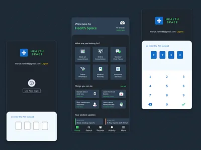Health Space: One stop shop for all the health needs app design clean concept dark mode dashboad doctors first aid health health app health insurance healthcare healthcare app medical medical care medical dasboard medicine mental health mobile app ui ux