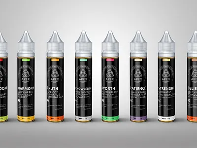 Apex - Vape liquid branding apple bottle branding design e cigarette flavor label liquid logo package packaging design peach pepermint raspberry revolutionary tobacco vanilla vape watermelon white chocolate