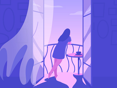 Balcony. adobe illustrator adobe photoshop balcony banister blue cloud cup curtain frames girl illustration illustrator indoors olga hashim paintings pink purple relax table wind