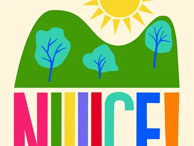 Sunny day colorful digital illustration lettering mountains plants summer