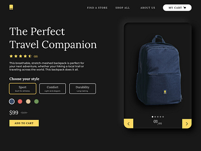 Product Display Page backpack travel ui design web design