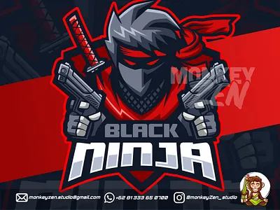 ninja with guns mascot esport logo design black charachter design e sport esport game gamer gun handgun katana logo mascot ninja ronin sport sword twitch