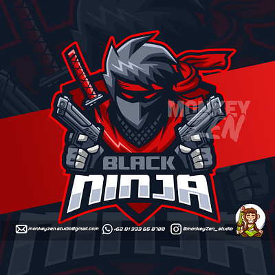 ninja with guns mascot esport logo design black charachter design e sport esport game gamer gun handgun katana logo mascot ninja ronin sport sword twitch