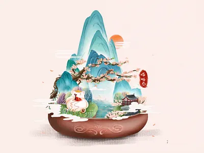 Microscopic scene - Chinese ink-wash illustration animal cat chinese chinese culture girl illustration ink wash illustration