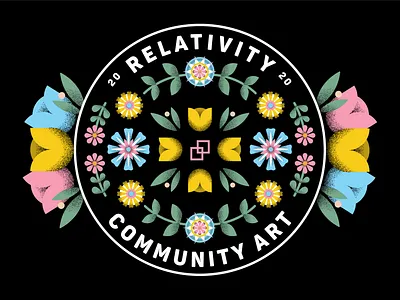 Relativity Community Art Badge art badge blue branding challenge community design flower fun grain green illustrator joy leaves logo pink scandinavian spring vector yellow