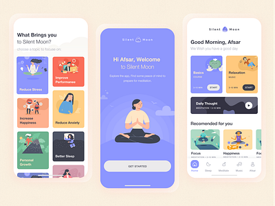 Silent Moon: Meditation App SneakPeek animation app branding deshboard design ecommerce flat icon illustration landing page logo meditation minimal typhography ui ux vector web website