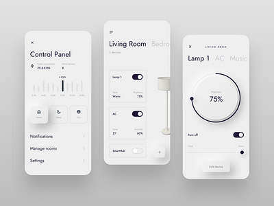 Smart Home App ac app clean controller dailyui dailyui 021 dashboard electricity elegant ios iphone lamp luxury mobile neumorphism premium skeumorphism ui ux white