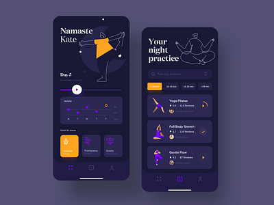 Yoga app - practice at night app draw illustration mobile mode night ui ux