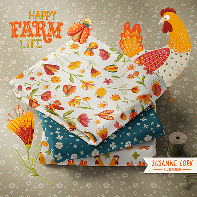 Happy Farm Life Patterns chicken doodle fabric design farm illustration insect organic pattern pattern art pattern design patterns procreate surface design vegan watercolor