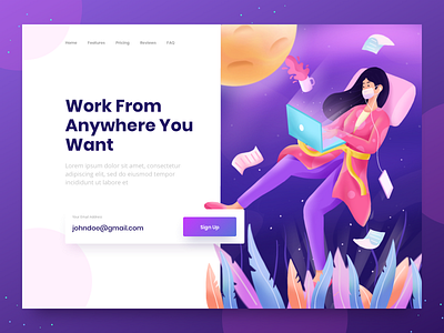 Work From Home Header character corona design flat gradient header illustrations landing page laptop relax screen sleep work from home